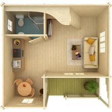 Load image into Gallery viewer, Floor plan of the Emily 400 cabin, featuring a detailed layout of living spaces, including a kitchen, living room, and bedroom.
