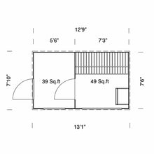 Load image into Gallery viewer, Black and white floor plan of a sauna with two rooms, labeled 39 sq. ft. and 49 sq. ft., with benches and door placements shown.
