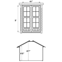 Load image into Gallery viewer, A black-and-white drawing showing the dimensions of the double door and the interior dimensions of the barbecue pavilion
