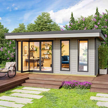 Load image into Gallery viewer, Modern Looking BackYard Cabin 13x17 Tampa I Gray Color Wooden Walls I Black Window And Door Trim I At The Day Time by WholeWoodCabins
