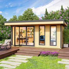 Load image into Gallery viewer, Modern Looking BackYard Cabin 13x17 Tampa I Natural Wood Color Wooden Walls I Black Window And Door Trim On Day Liht by WholeWoodCabins
