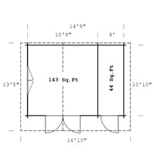 Load image into Gallery viewer, 15x11 Natural Back Yard Two Room Cabin Shed Savannah Floor plan by WholeWoodCabins
