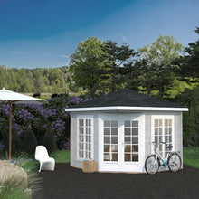 Load image into Gallery viewer, Natural Wooden 9x9 Cabin Aruba, Painted Light Gray, White Window And Door Trims, Double Glass Doors, Two Double side Windows and Black Roof assembled in BackYard by WholeWoodCabins
