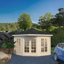 Load image into Gallery viewer, Natural Wooden 9x9 Cabin Aruba, Double Glass Doors, Two Double side Windows and Black Roof assembled in BackYard by WholeWoodCabins
