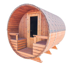 Load image into Gallery viewer, Natural Wood Sauna Barrel 240 Injected Reddish Brown with Impregnated White Backing, Glass Door and Two Seats Next to Door by WholeWoodCabins
