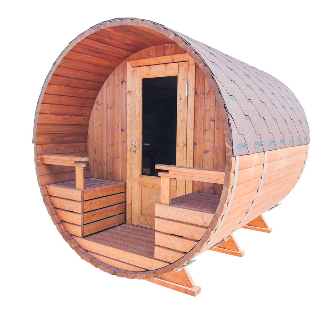 Natural Wood Sauna Barrel 240 Injected Reddish Brown with Impregnated White Backing, Glass Door and Two Seats Next to Door by WholeWoodCabins