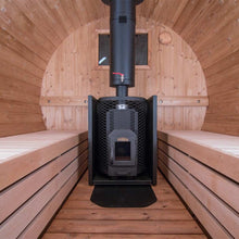 Load image into Gallery viewer, Natural Wood Barrel Sauna 240 Interior View, Natural Wood Walls, Two Seats and Wood Fired Sauna Heater WholeWoodCabins
