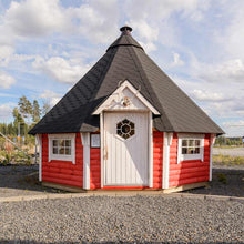 Load image into Gallery viewer, Red Color Walls, White Door and With Black Roof Wooden BBQ Hut by WholeWoodCabins
