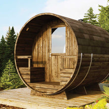 Load image into Gallery viewer, Natural Wood Sauna Barrel 240 Impregnated Reddish Brown Impregnator, Sindel Roof, Installed on Wood Terrace by WholeWoodCabins
