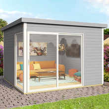 Load image into Gallery viewer, DIY KIT Gray With White Trims Modern Flat Roof and Big Corner Windows Natural Wood Backyard Cabin and Home Office Tampa in the Garden by WholeWoodCabins
