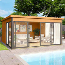 Load image into Gallery viewer, Modern Brown Color Wooden Cabin Tampa next to Swimming Pool
