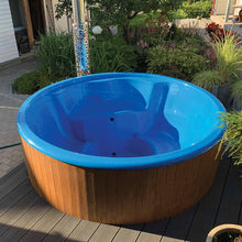 Load image into Gallery viewer, Wood Fired Blue Color Hottub on the BackYard Terrace Close View by WholeWoodCabins
